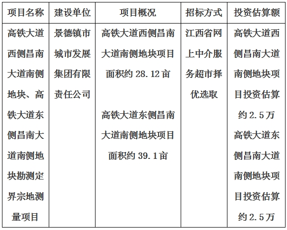 景德鎮(zhèn)市高鐵大道西側(cè)昌南大道南側(cè)地塊、高鐵大道東側(cè)昌南大道南側(cè)地塊勘測定界宗地測量項目計劃公告
