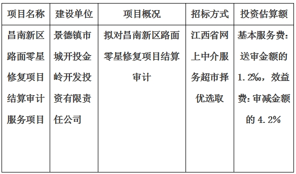 昌南新區(qū)路面零星修復項目結(jié)算審計服務項目計劃公告