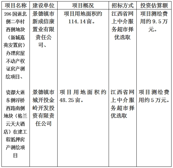 景德鎮(zhèn)市206國道北側(cè)二亭村西側(cè)地塊（新城嘉苑安置房）辦理房屋不動產(chǎn)權(quán)證房產(chǎn)測繪項目、瓷都大道東側(cè)浮橋西路南側(cè)地塊（格蘭云天大酒店）在建工程抵押房產(chǎn)測繪項目計劃公告