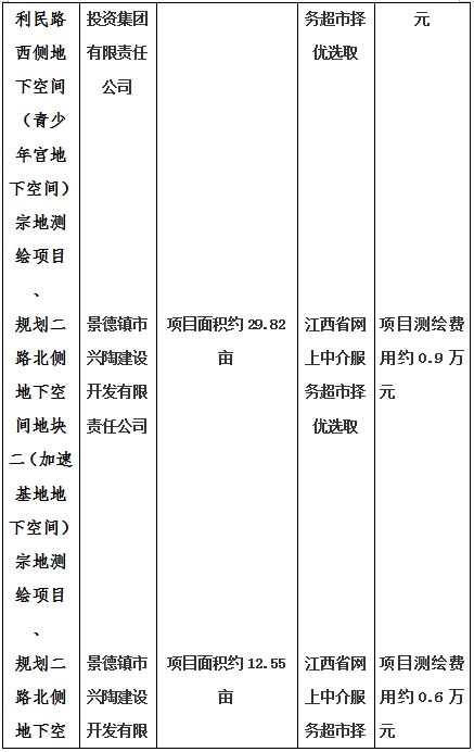 景德鎮(zhèn)市昌南新區(qū)LJ1-03-A01-1地塊、瓷都大道東側(cè)中渡口地下空間（格蘭云天大酒店地下空間）、光明大道北側(cè)利民路西側(cè)地下空間（青少年宮地下空間）、規(guī)劃二路北側(cè)地下空間地塊二（加速基地地下空間）、規(guī)劃二路北側(cè)地下空間地塊一（加速基地地下空間）、景德大道南側(cè)天寶橋西側(cè)地塊、景興大道東側(cè)如意路北側(cè)地下空間(社會公共服務(wù)
