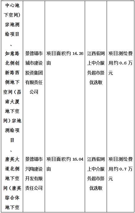 景德鎮(zhèn)市昌南新區(qū)LJ1-03-A01-1地塊、瓷都大道東側(cè)中渡口地下空間（格蘭云天大酒店地下空間）、光明大道北側(cè)利民路西側(cè)地下空間（青少年宮地下空間）、規(guī)劃二路北側(cè)地下空間地塊二（加速基地地下空間）、規(guī)劃二路北側(cè)地下空間地塊一（加速基地地下空間）、景德大道南側(cè)天寶橋西側(cè)地塊、景興大道東側(cè)如意路北側(cè)地下空間(社會公共服務(wù)