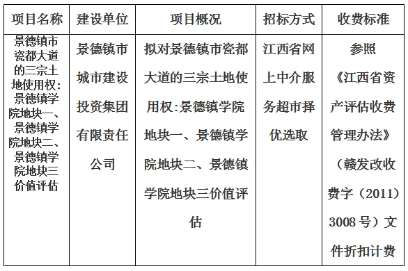 景德鎮(zhèn)市瓷都大道的三宗土地使用權(quán):景德鎮(zhèn)學(xué)院地塊一、景德鎮(zhèn)學(xué)院地塊二、景德鎮(zhèn)學(xué)院地塊三價值評估計劃公告